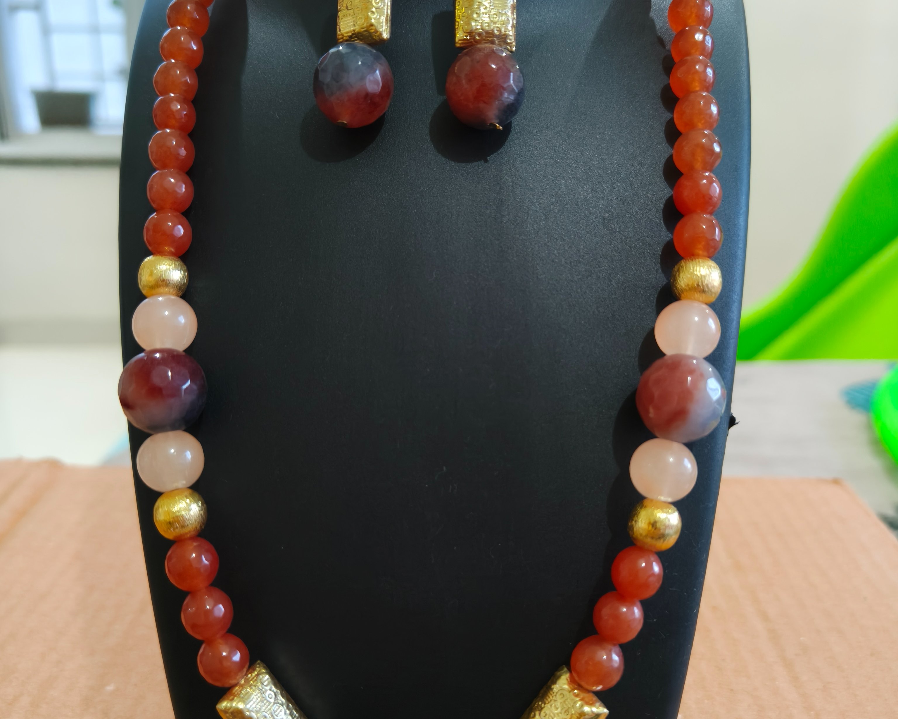 Red Agate and Rose Quartz Beaded Necklace Set