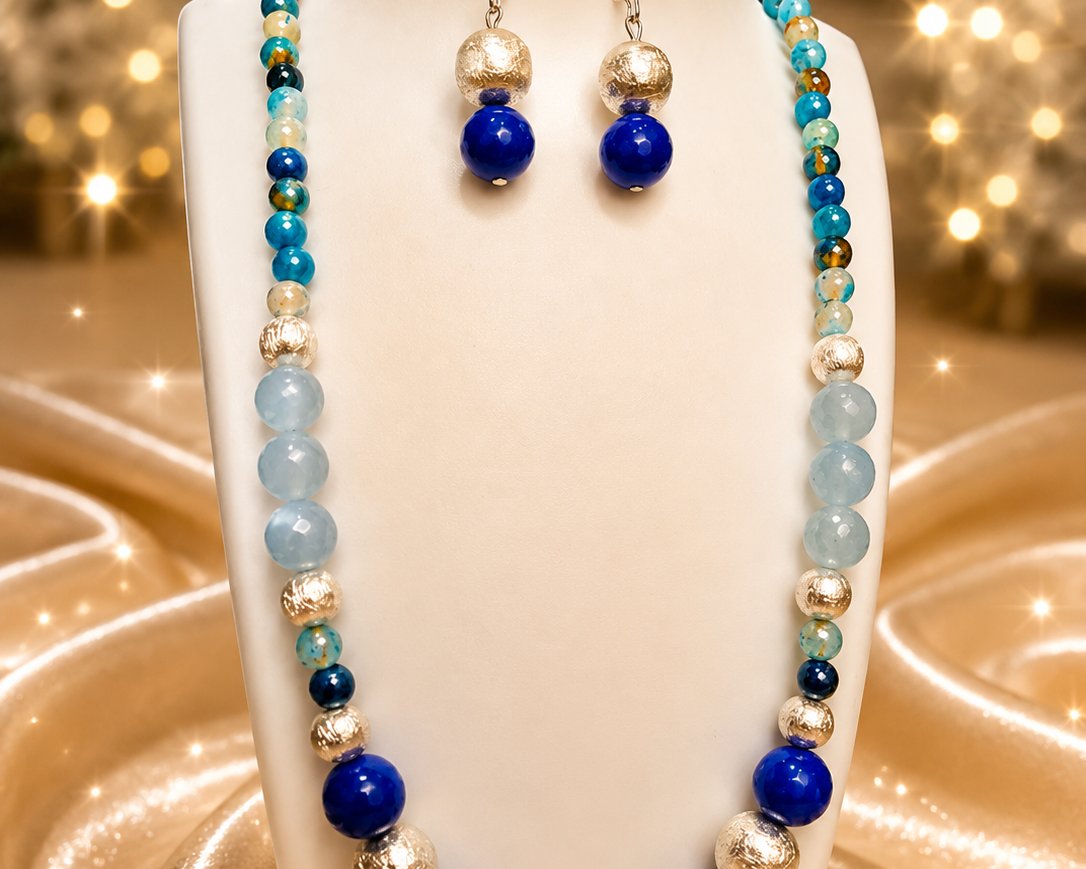 Blue Beaded Necklace and Earring Set