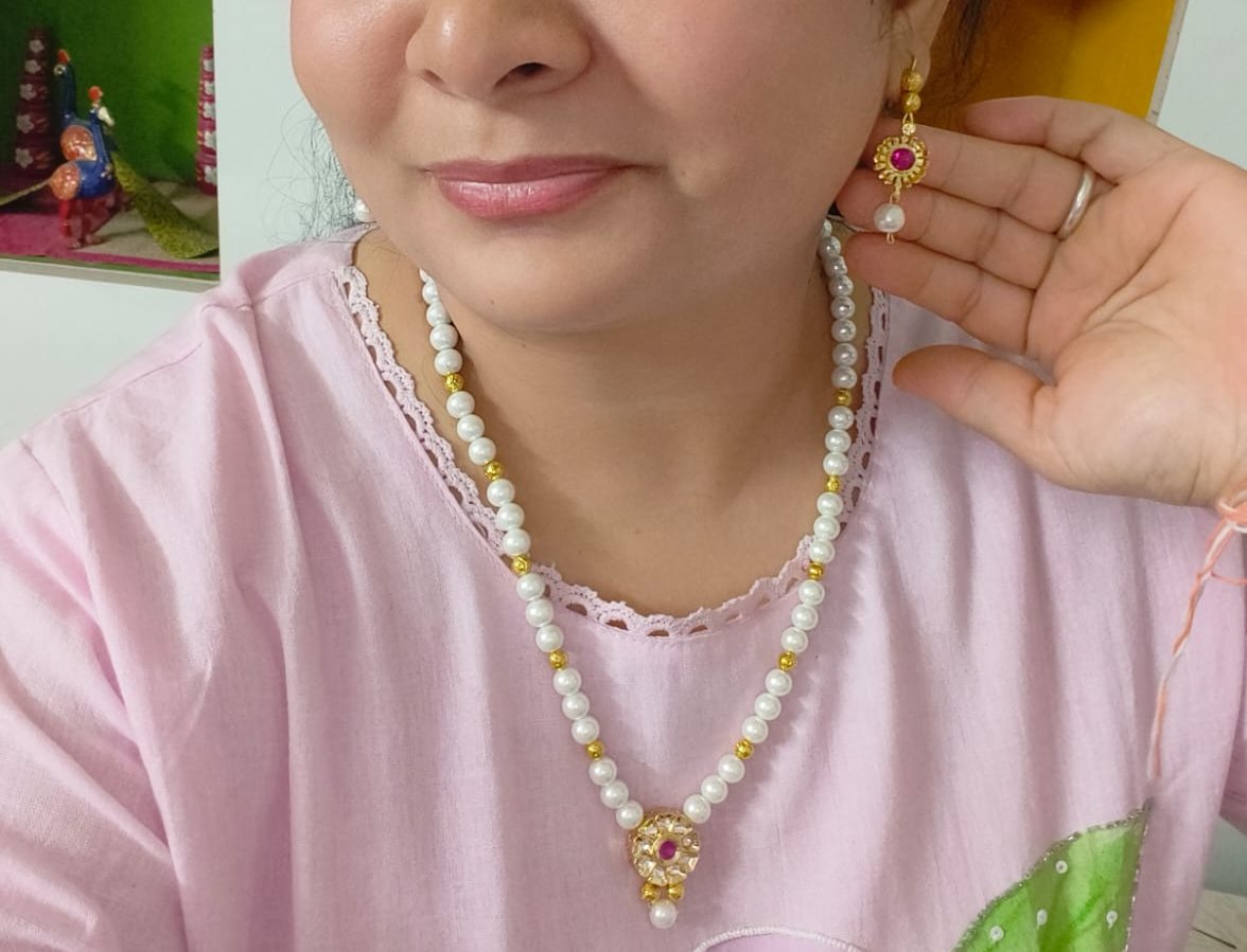 Pearl Necklace with Gold Beads and Ruby Pendant