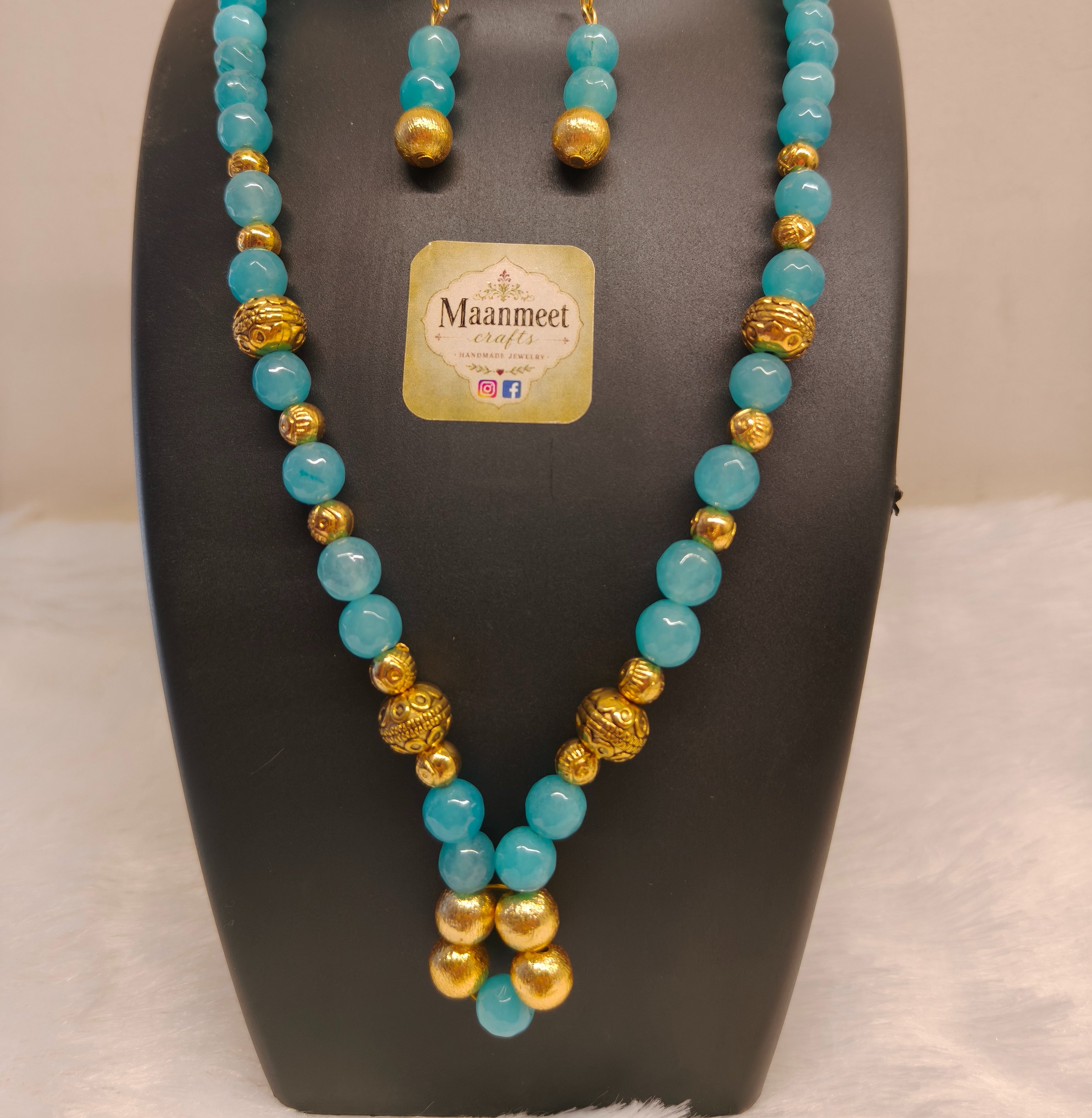 Aquamarine & Gold Beaded Necklace & Earrings Set