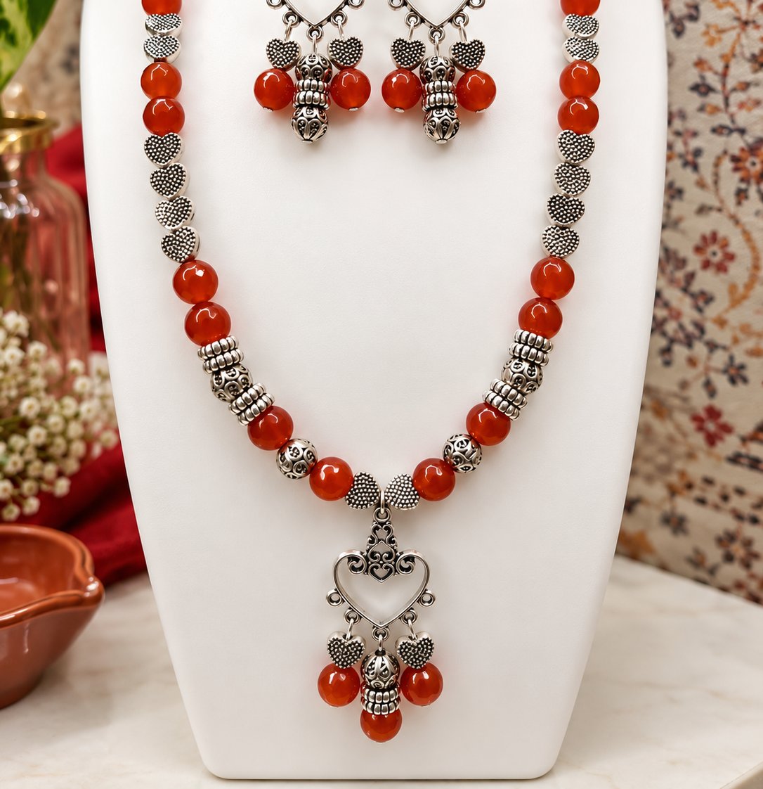 Red Agate Beaded Necklace Set with Silver Heart Pendant