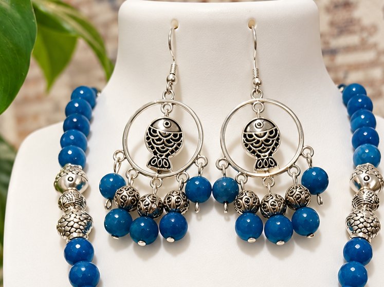 Blue Beaded Fish Charm Earrings