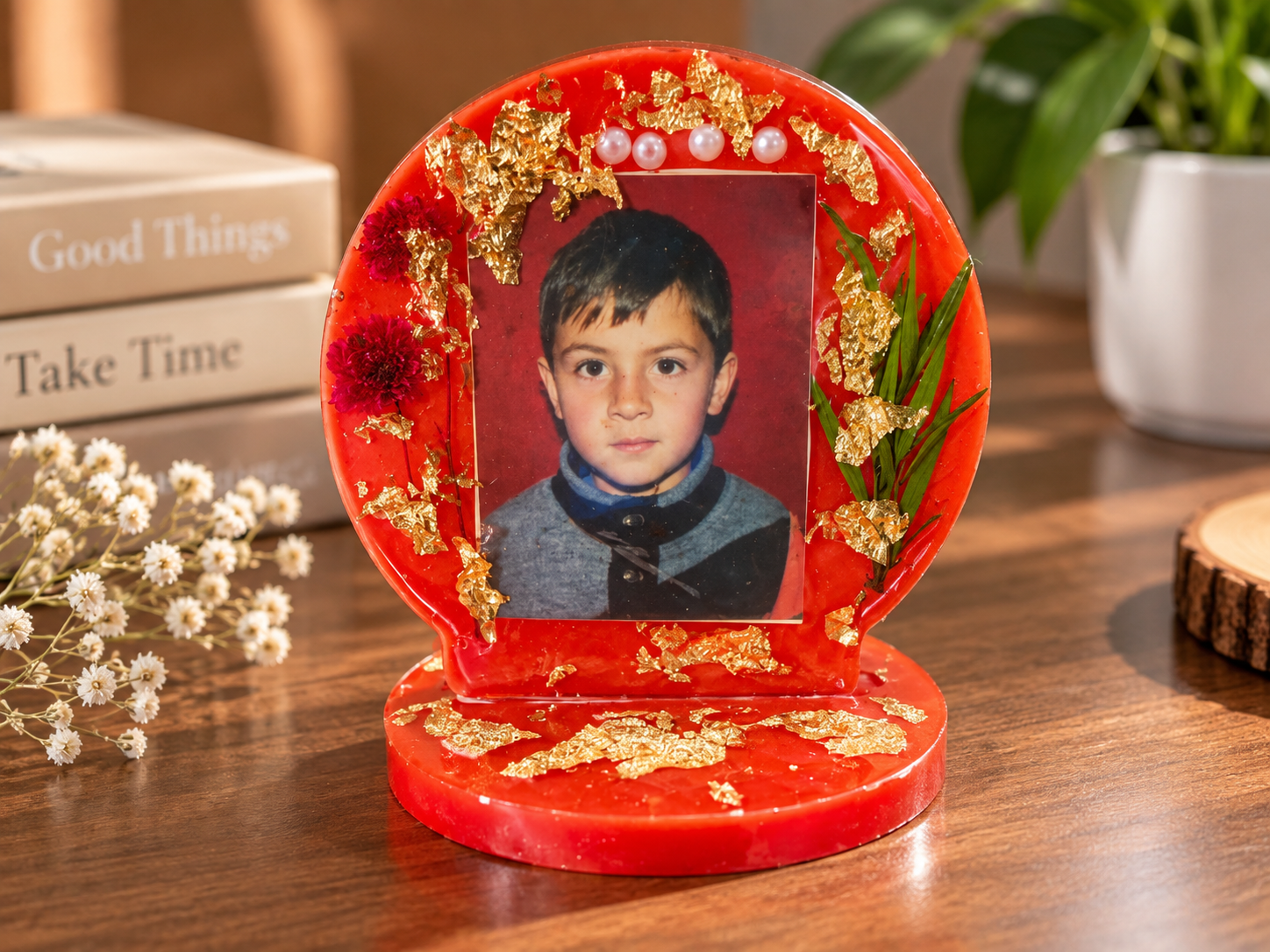 Personalized Photo Frame - Red with Gold Leaf Design