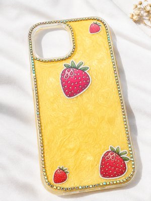 Strawberry Printed Phone Case with Rhinestone Border
