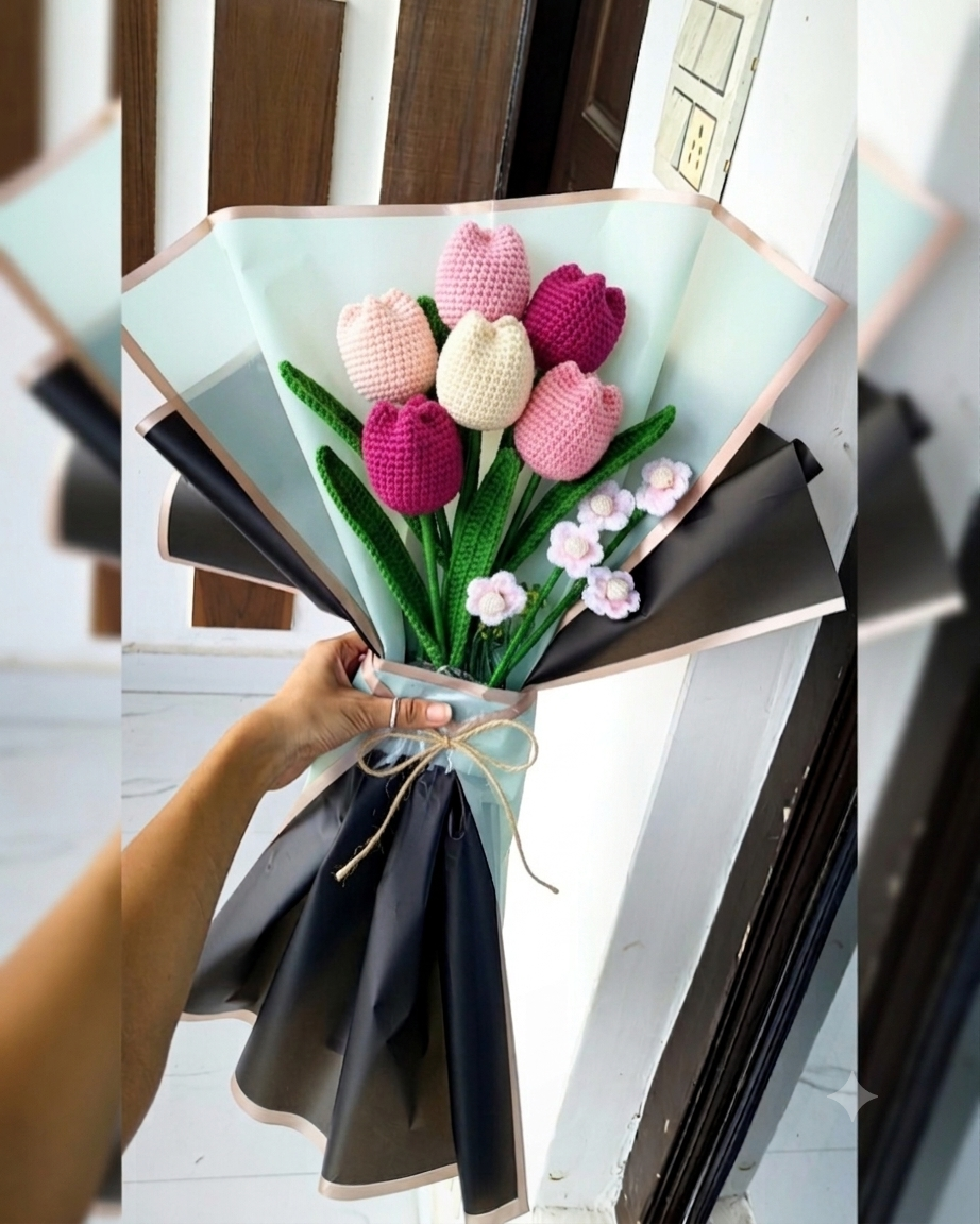 Handmade Crochet Flower Bouquet – Modern / Tulip + mixed meadows