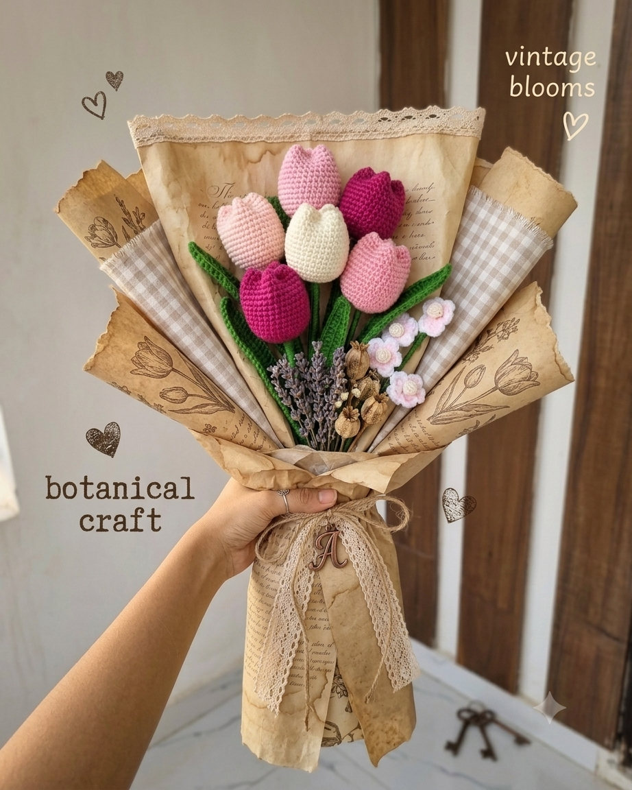 Handmade Crochet Flower Bouquet – Vintage / Tulip + mixed meadows