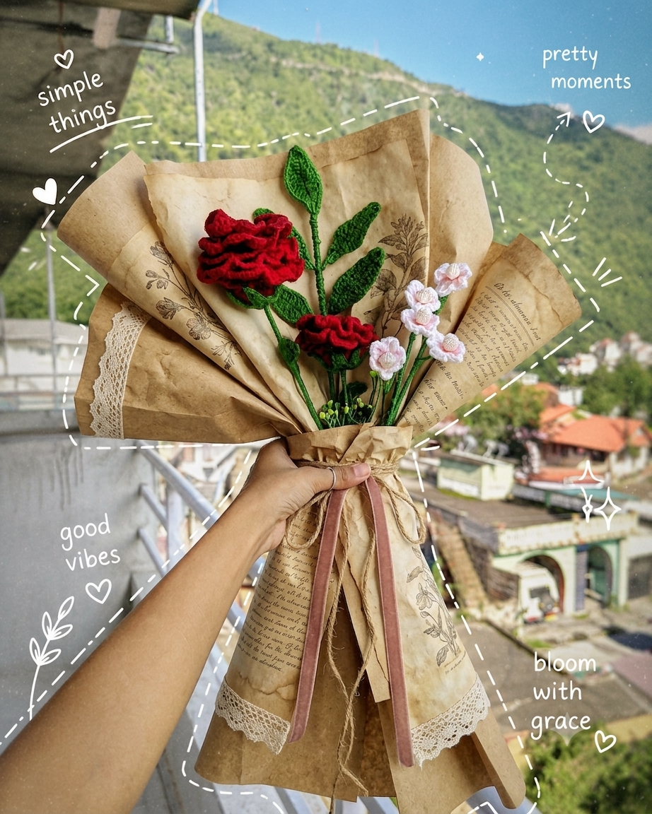 Handmade Crochet Flower Bouquet – Vintage / Flower combination - rose + mixed meadows