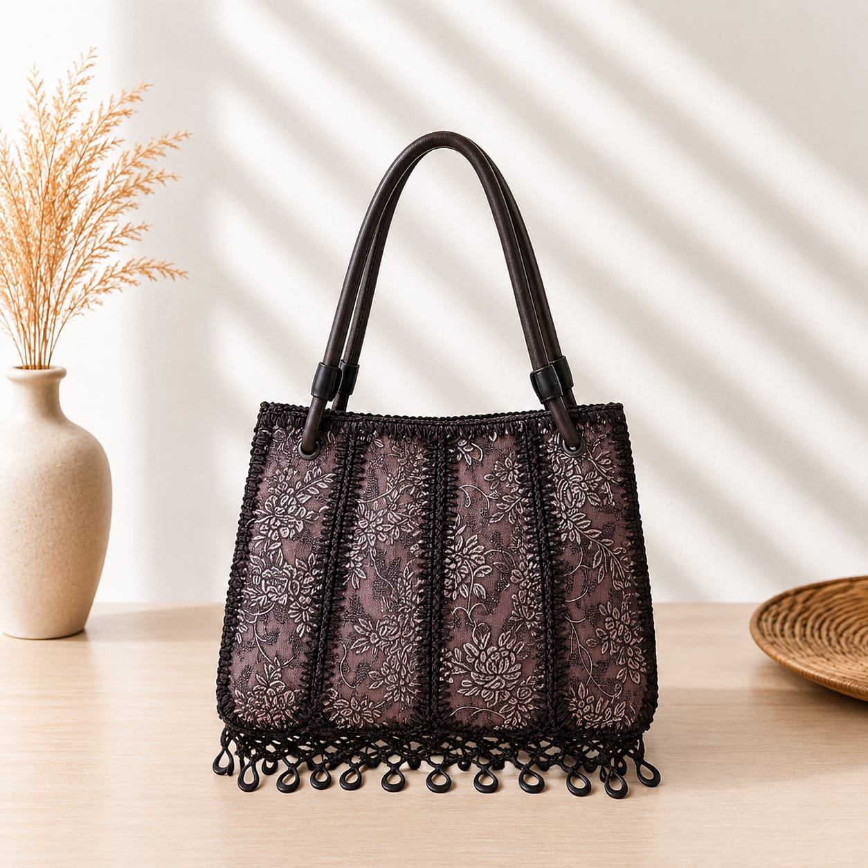 Black Crochet Beaded Handbag