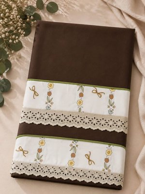 Brown Cotton Pillow Cover Set with Floral Print and Lace Trim