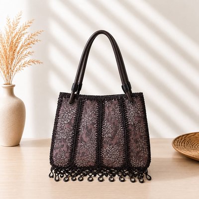 Black Crochet Beaded Handbag
