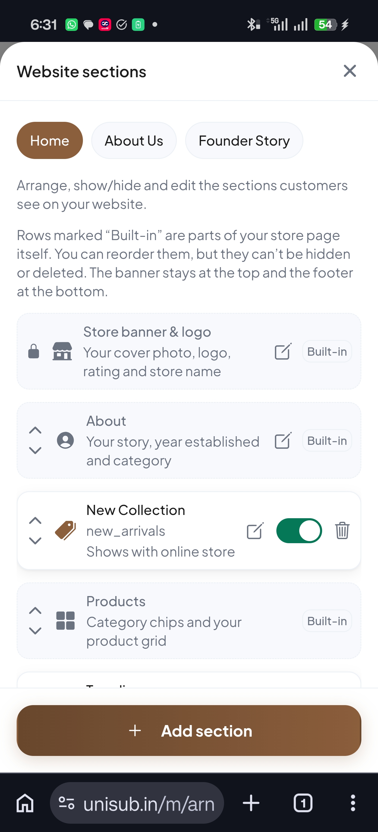Website Sections Manager