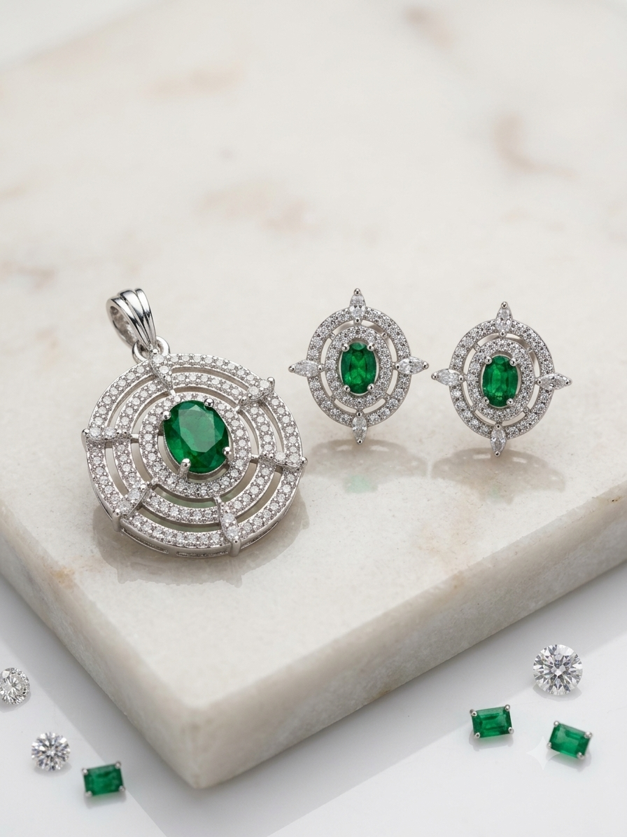 Emerald & Diamond Pendant Earring Set