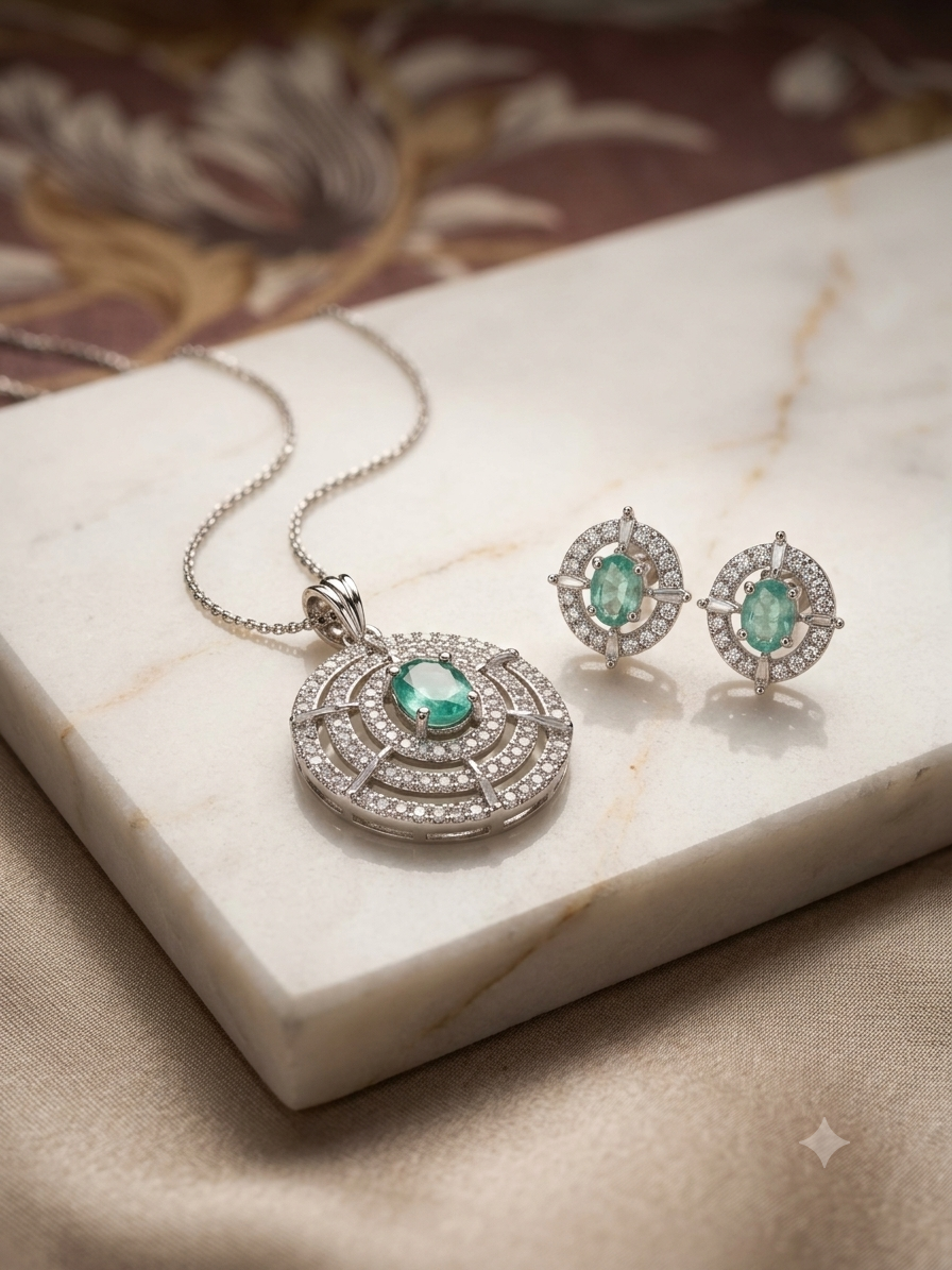 Mint & Diamond Pendant Necklace with Earrings Set