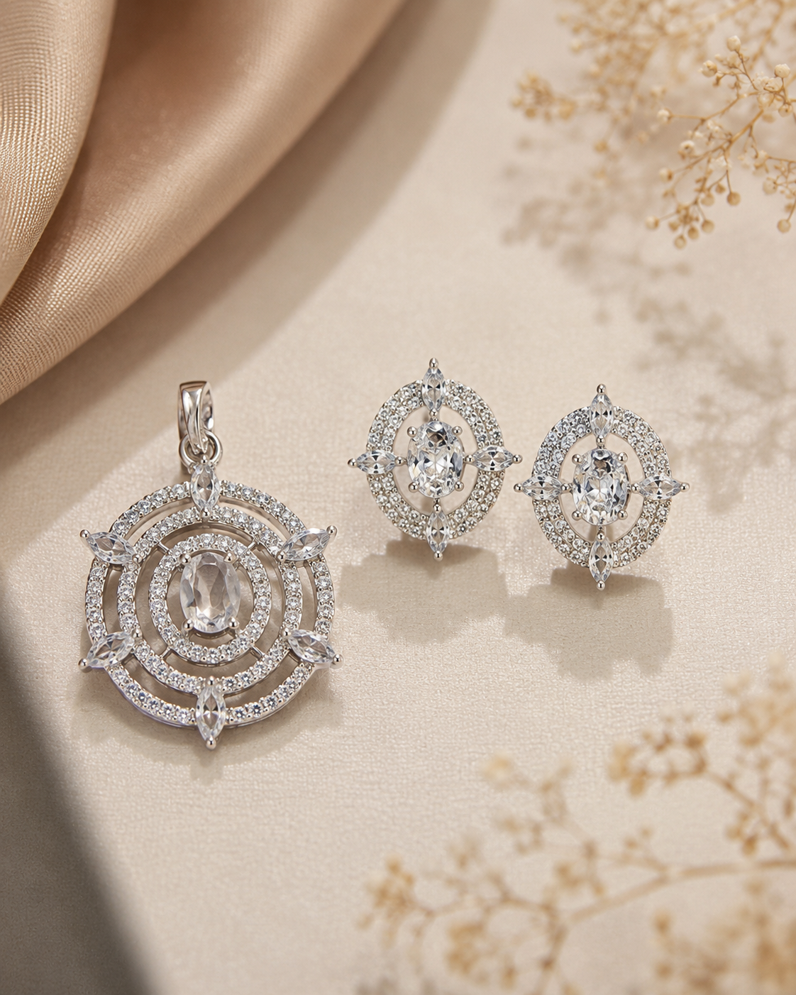 CZ Diamond Pendant Necklace and Earring Set