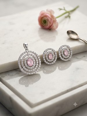 Pink Stone Circular Pendant & Earring Set