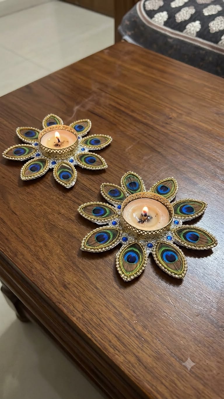 Peacock Feather Diya Candle Holder