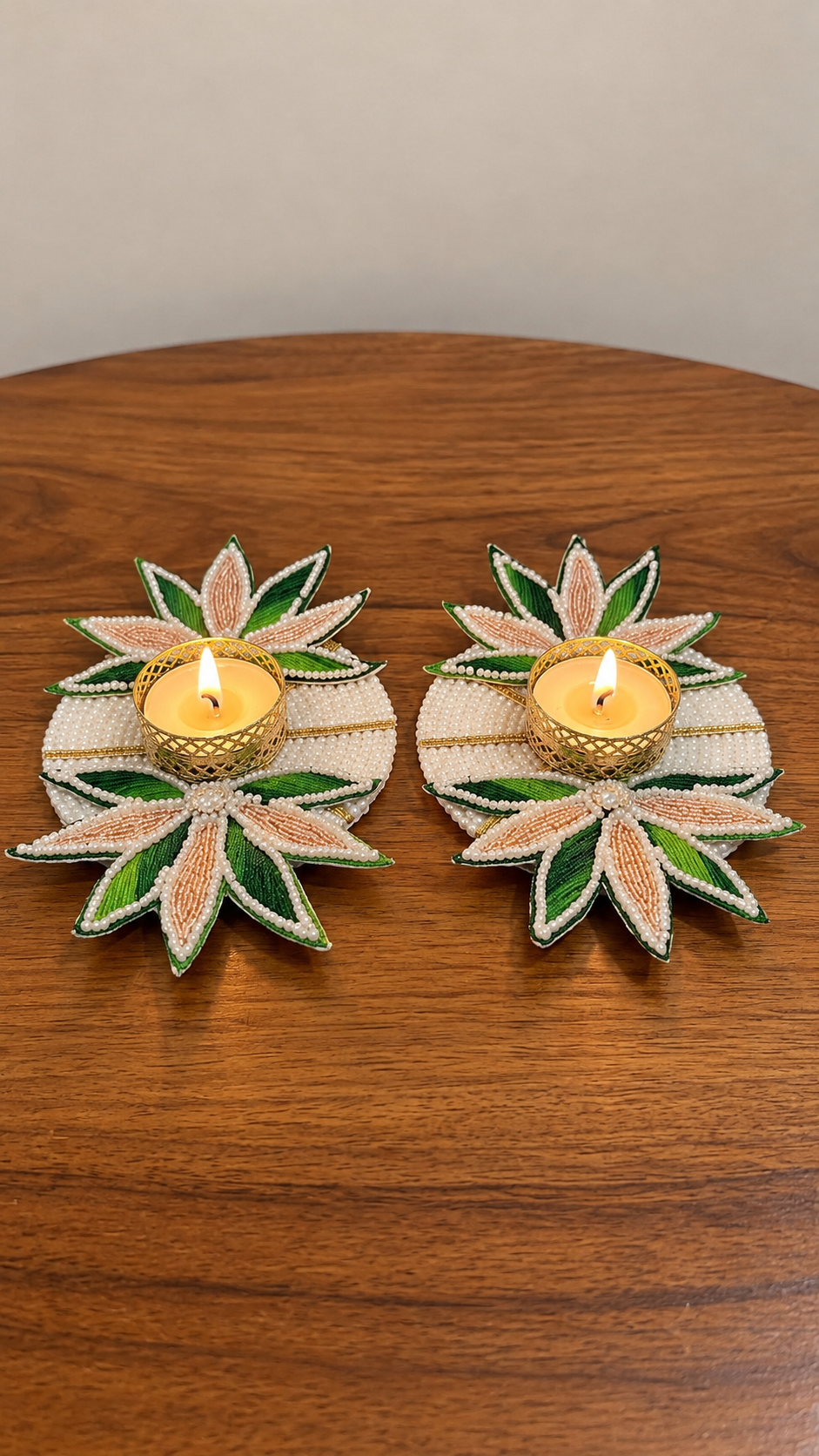 Beaded Flower Tea Light Candle Holder Set