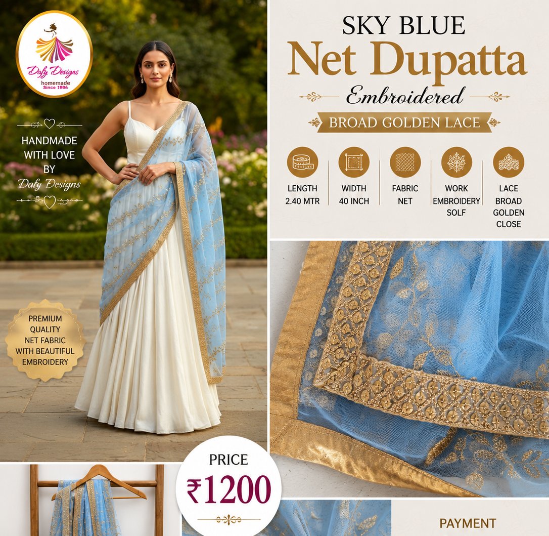 Sky Blue Net Dupatta Embroidered Broad Golden Lace