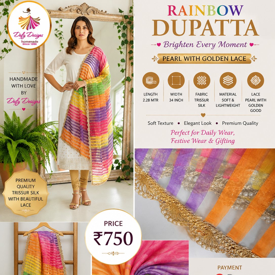 Rainbow Dupatta Pearl with Golden Lace