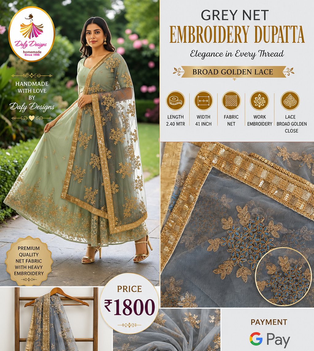 Grey Net Embroidery Dupatta