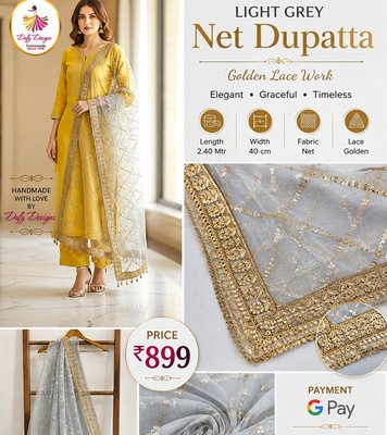 Light Grey Net Dupatta with Golden Lace Work