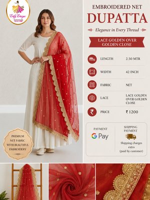 Embroidered Net Dupatta - Lace Golden Over Golden Close