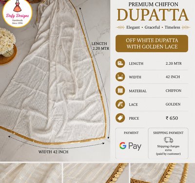 Premium Chiffon Dupatta - Off White with Golden Lace