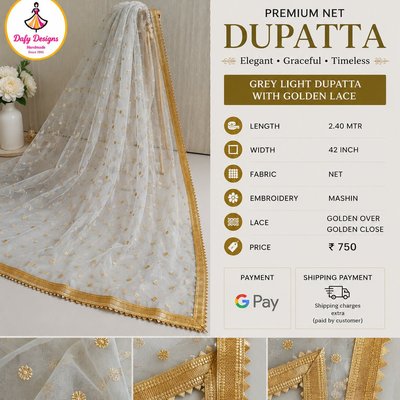 Premium Net Dupatta - Grey Light with Golden Lace