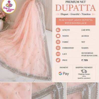 Premium Net Dupatta - Peach with Silver Lace