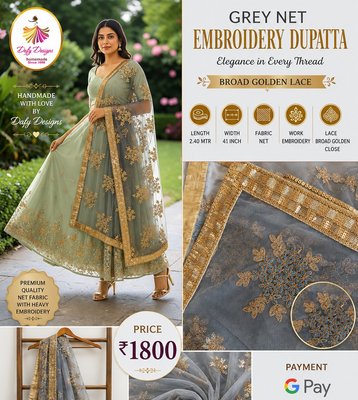 Grey Net Embroidery Dupatta