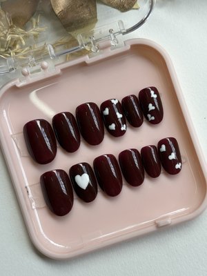 Burgundy Nails with little Hearts