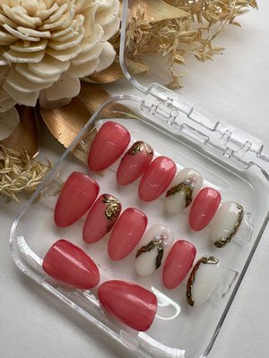 Peach Nails with chrome & Pearls