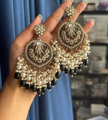 Black & Pearl Designer Chandbali Earrings